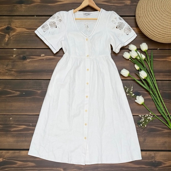 Madewell Dresses & Skirts - Madewell NWT Riley White 100% Linen Eyelet Button Front Midi Dress